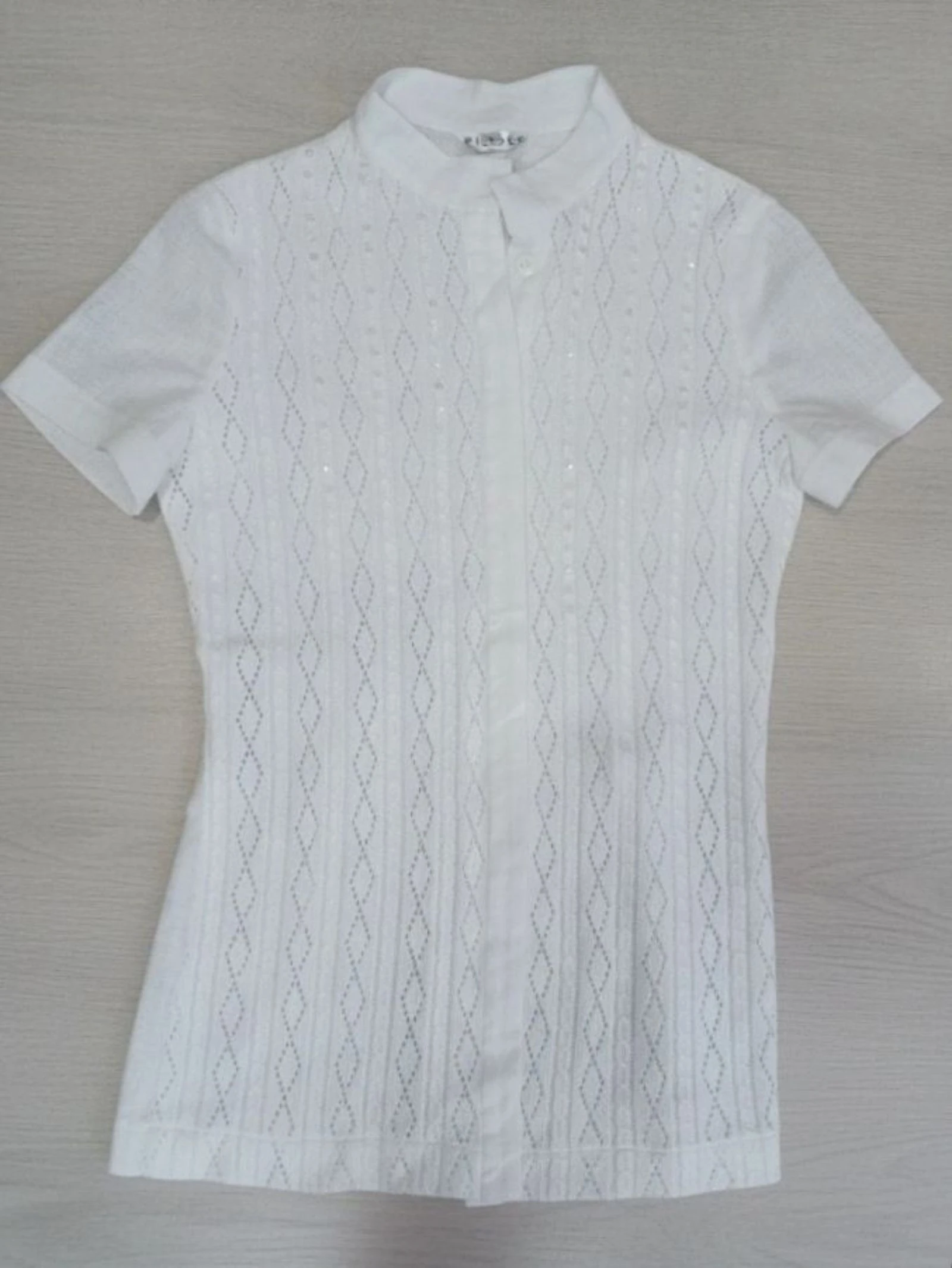 White Pointelle Knit Korte Mouw Cardigan Top M met Openwerk in de Hals – photo 2